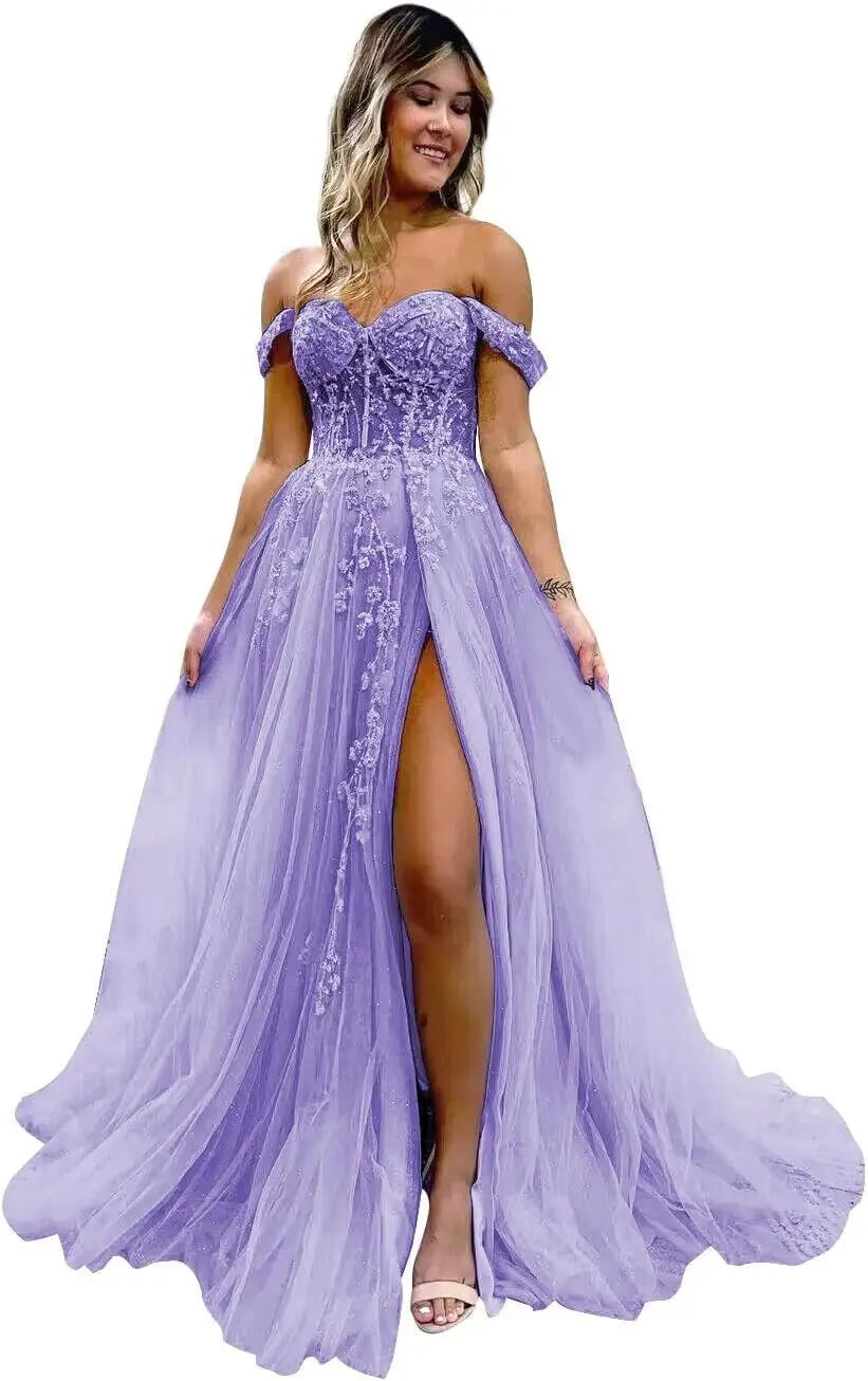 Vestido de fiesta de tul con hombros descubiertos, abertura, apliques de encaje brillante, corsé, vestido formal de fiesta de noche, vestidos de fiesta para mujer, noche 