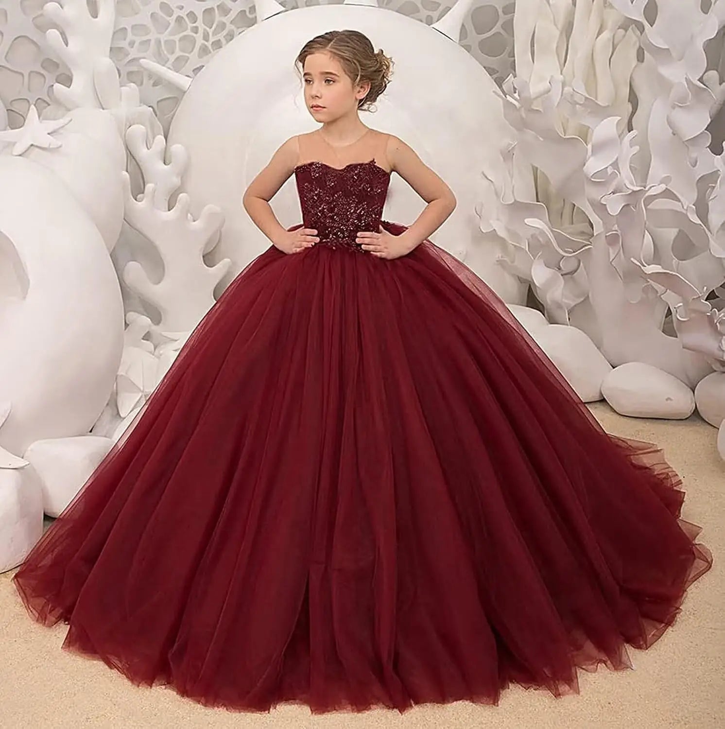 Tulle Flower Girls Dresses Lace Appliques Long Formal Princess Wedding Pageant Ball Gowns for Children