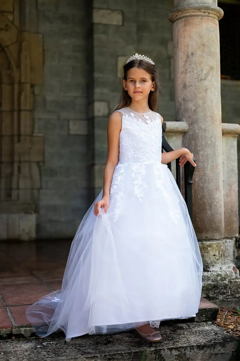 Langes elfenbeinfarbenes Blumenmädchenkleid, bodenlanges Kinderkleid, Spitzen-Tüllrock, Erstkommunionkleid, Ballkleid mit Applikationen 