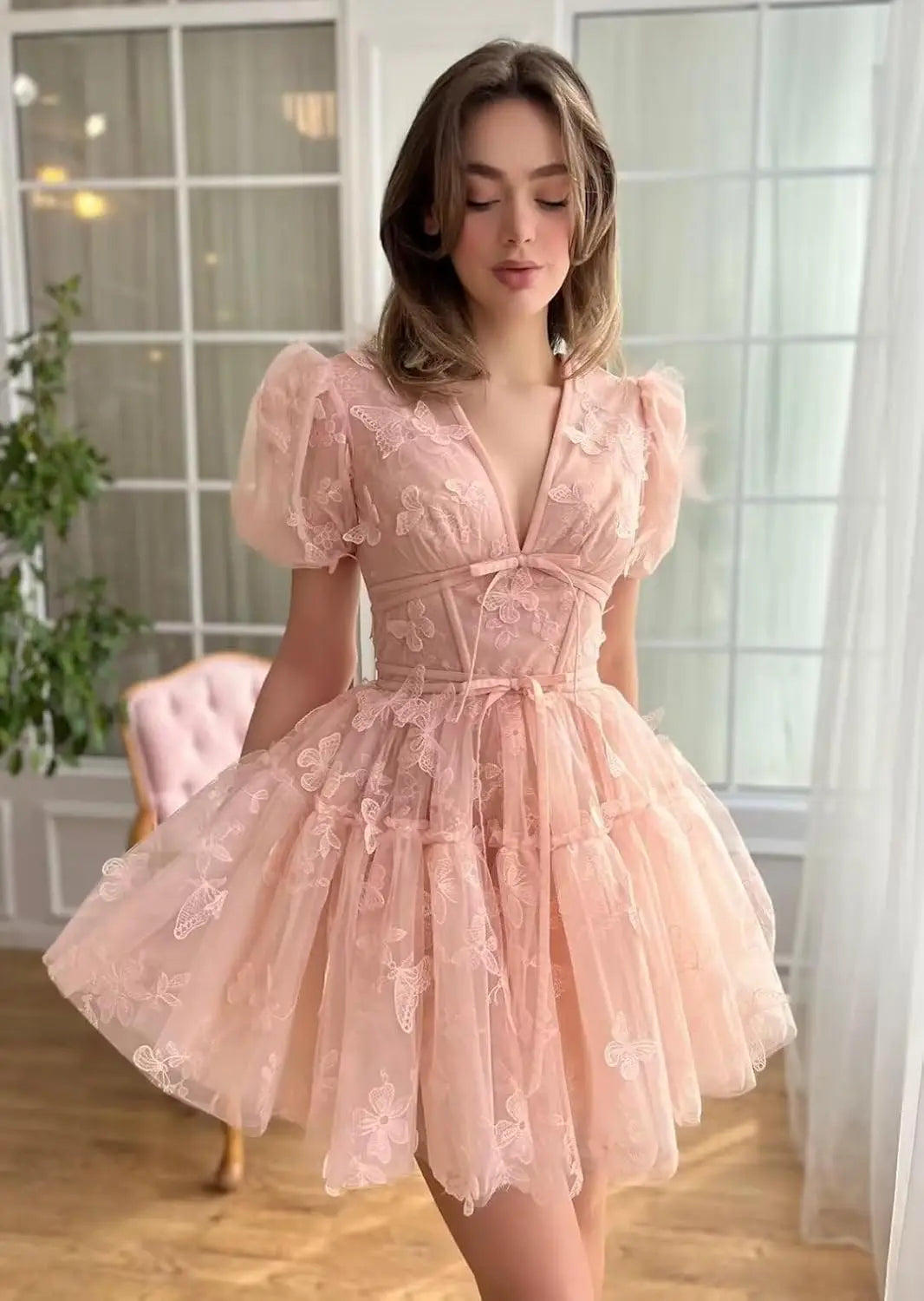 3D Butterfly Tulle Homecoming Dresses for Teens A-Line Short Sleeve Prom Cocktail Dress with Butterfly Appliques