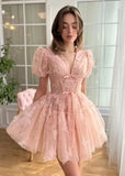 3D Butterfly Tulle Homecoming Dresses for Teens A-Line Short Sleeve Prom Cocktail Dress with Butterfly Appliques