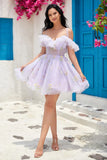Floral Embroidery Off the Shoulder Mini Homecoming Dresses Sweetheart Tulle Pleats Ruffle Spaghetti Straps Adjustable Prom Dress
