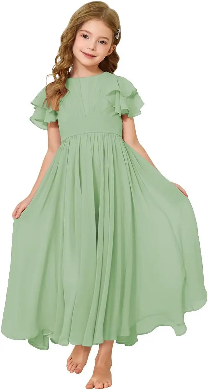 Flower Girl Maxi Dress for Wedding Bridesmaids Flowy Chiffon Teens Ruffle Sleeve Formal Party Pageant Gown princess dress