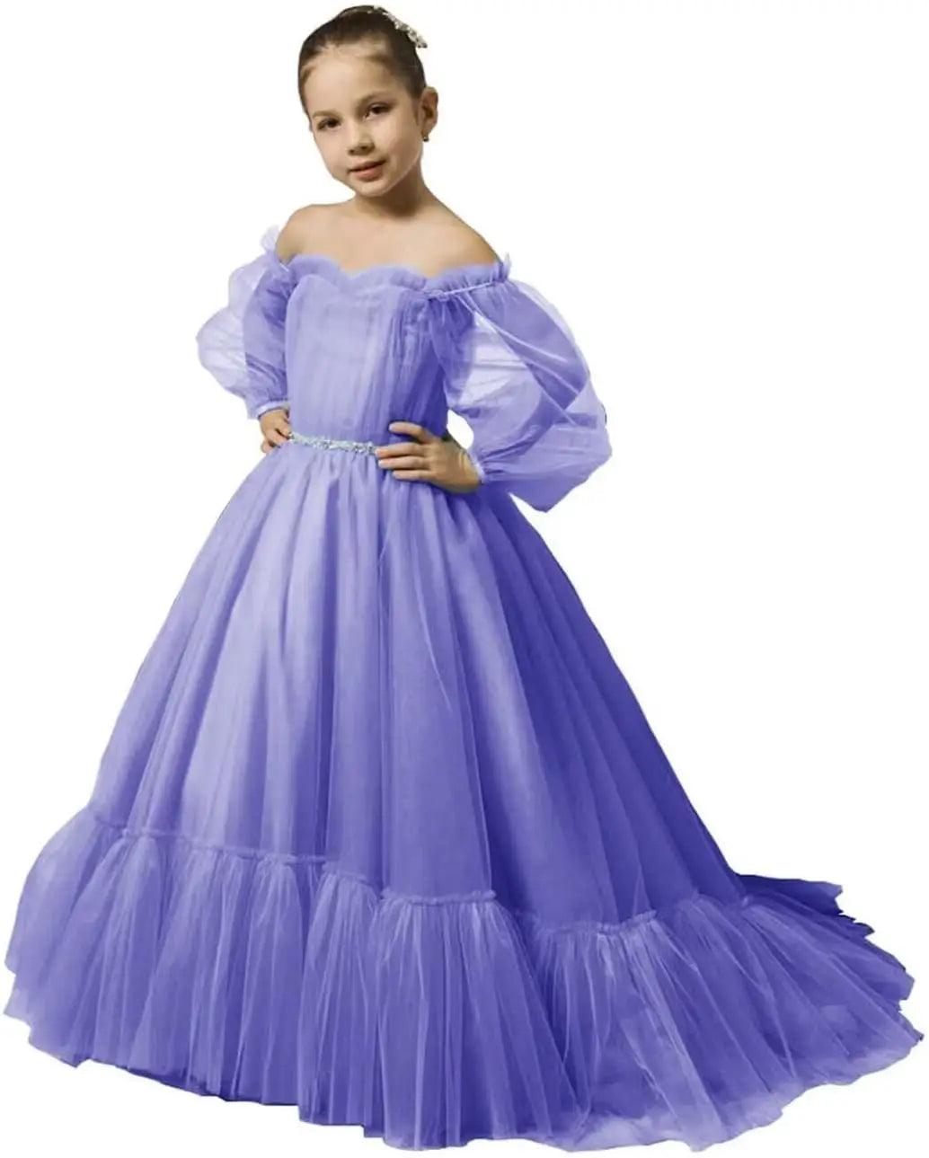 Vestidos de niña de las flores con mangas abullonadas para boda, vestidos de desfile de tul con hombros descubiertos, vestido de línea A para niña pequeña con cinturón, vestido para niña bebé 