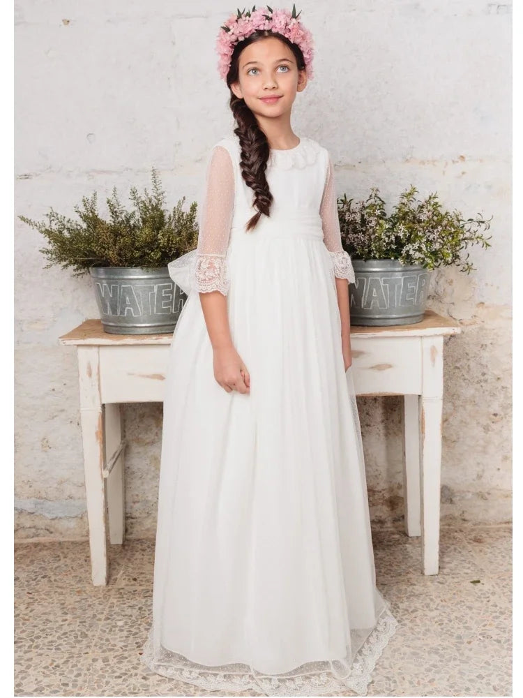 Vestidos de princesa con lazo blanco y media manga para bodas, cumpleaños, comuniones, banquetes, vestidos de niña de las flores con apliques de encaje blanco. 
