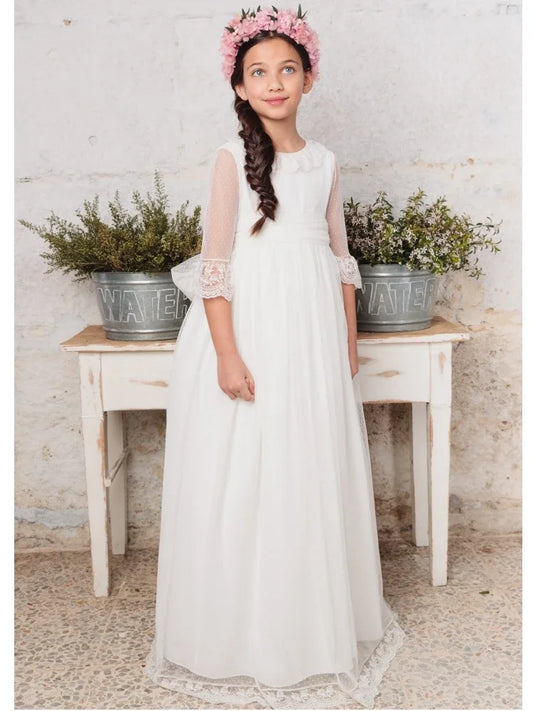 Vestidos de princesa con lazo blanco y media manga para bodas, cumpleaños, comuniones, banquetes, vestidos de niña de las flores con apliques de encaje blanco. 