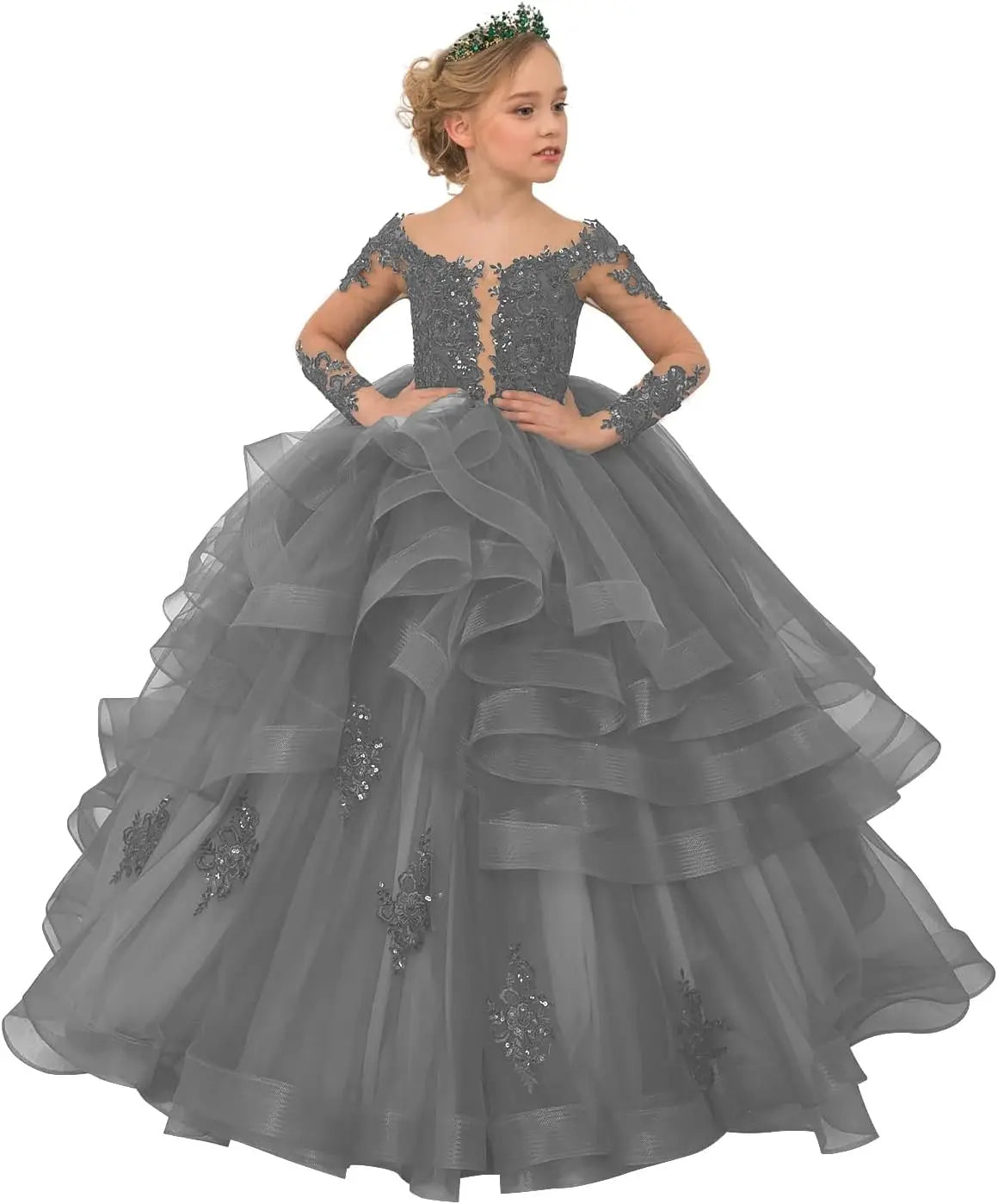 Long Sleeve Flower Girl Dresses Laces Applique Beaded Princess Pageant Dress Beaded Ruffle Tulle Kids Prom Party Gown