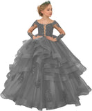 Long Sleeve Flower Girl Dresses Laces Applique Beaded Princess Pageant Dress Beaded Ruffle Tulle Kids Prom Party Gown