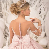 Vestidos de niña de las flores personalizados con estampado floral blanco y satén rosa con lazo de manga larga para bodas, fiestas de cumpleaños y banquetes. 