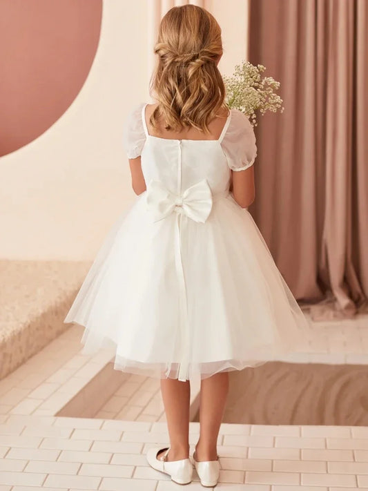Vestidos de fiesta de cumpleaños, banquetes, comunión, niña de las flores, tul blanco, apliques florales con lazo, manga corta para boda 