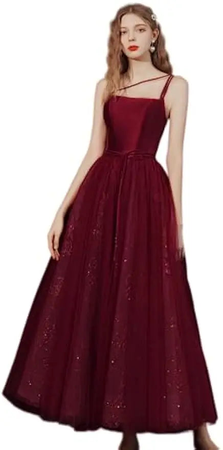 New Satin Long Mesh Spaghetti Strap Prom Bridesmaid Dress Women's Cocktail Dresses Formal Evening Dresses Party
