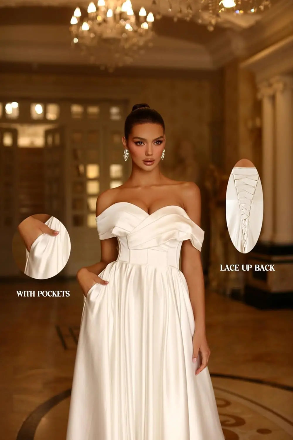 Damen Schulterfreies Satin-Ballkleid, lang, V-Ausschnitt, A-Linie, formelles Abendkleid mit Taschen, Ballkleid 