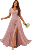 Custom Made Flutter Sleeves Split Bridesmaid Dresses with Slit Long V Neck Empire Waist Formal Evening Dress for Women Wedding