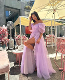 Lavender Off Shoulder prom gown Thigh Slit prom Dress tulle evening Dresses Bridesmaid Dress or Graduation ball Bridesmaid Gowns