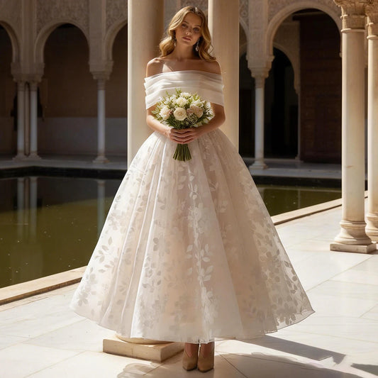 Romantic Appliques Off Shoulder Wedding Dresses Vestidos Novia Detachable Lace Ball Gown For Bride Teal Length Puffy Bridal Gown