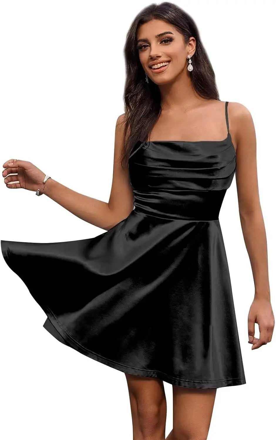 Satin Homecoming Kleider Kurze Spaghettiträger Ballkleid Wasserfallausschnitt A-Linie Cocktail Party Kleider Minikleid 