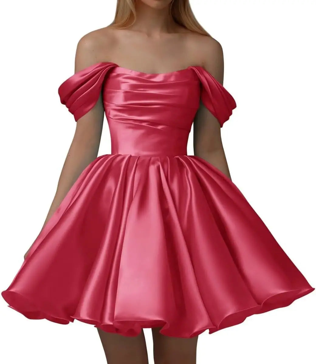 Vestidos de fiesta de satén con hombros descubiertos para mujer, corte A, cortos, plisados, sin tirantes, para boda y fiesta. 