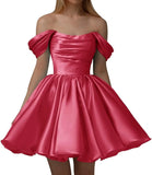 Vestidos de fiesta de satén con hombros descubiertos para mujer, corte A, cortos, plisados, sin tirantes, para boda y fiesta. 