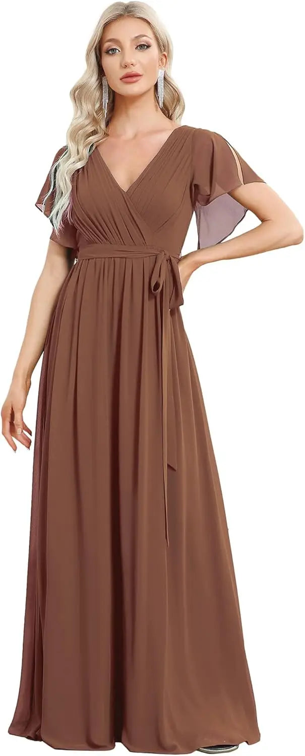 Vestido de dama de honor para mujer, escote en V, mangas con volantes, busto fruncido, largo hasta el suelo, de gasa, vestido formal para invitada de boda. 