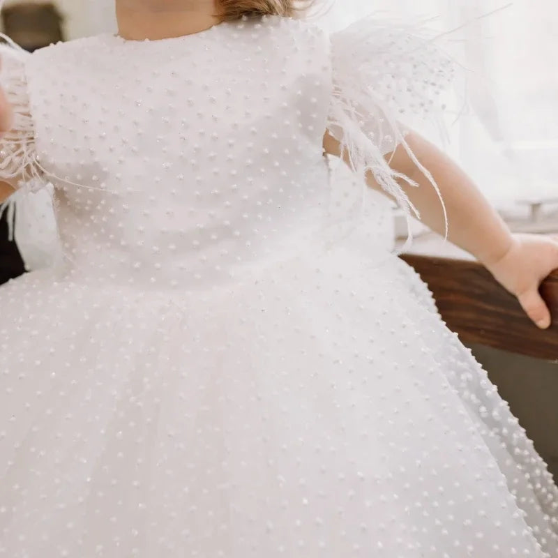Party Birthday Holy Communion Gowns Flower Girl Dresses White Tulle Wave Point Skirt With Bow Feather Sleeve For Wedding