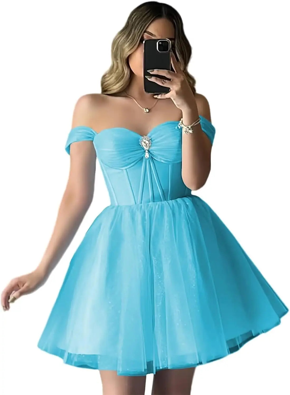Vestidos de fiesta de tul brillante con hombros descubiertos, vestidos de fiesta cortos para adolescentes, vestido de cóctel de corte A con escote en forma de corazón y vuelo. 