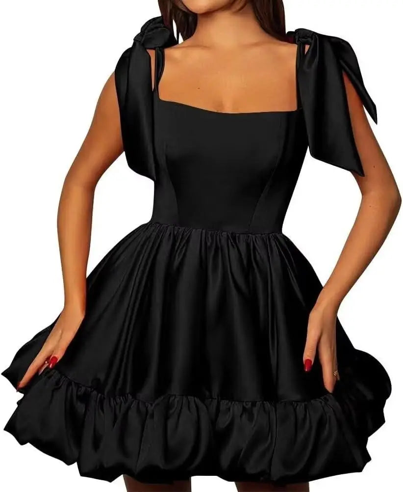 Women’s A-line Puffy Straps Sleeveless Formal Party Gown Teens Satin Short Homecoming Cocktails Dress