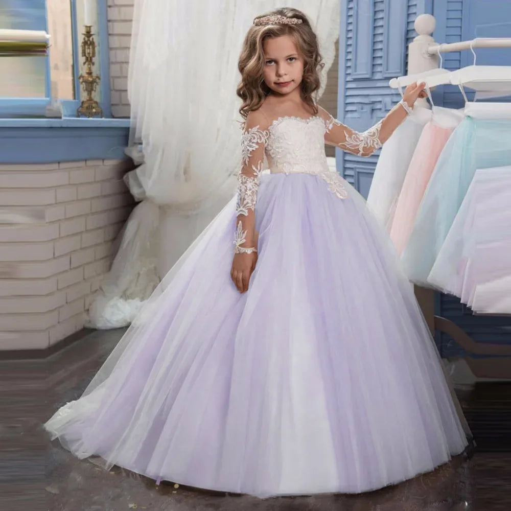 Vestido de tul rosa claro con apliques blancos y manga larga para boda, fiesta de cumpleaños, comunión, personalizado, para niña de las flores 
