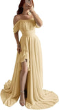 Elegantes schulterfreies Chiffon-Ballkleid für Brautjungfern mit Schlitz, lang, A-Linie, plissierte Rüschen, formelles Abendkleid für Damen 