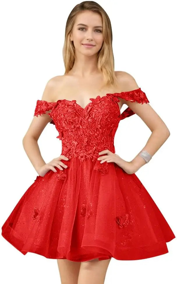 Glitter Tulle Appliques Homecoming Dresses for Teens Beaded Off Shoulder Short Prom Dresses Lace Cocktail Mini Dress Club Gowns