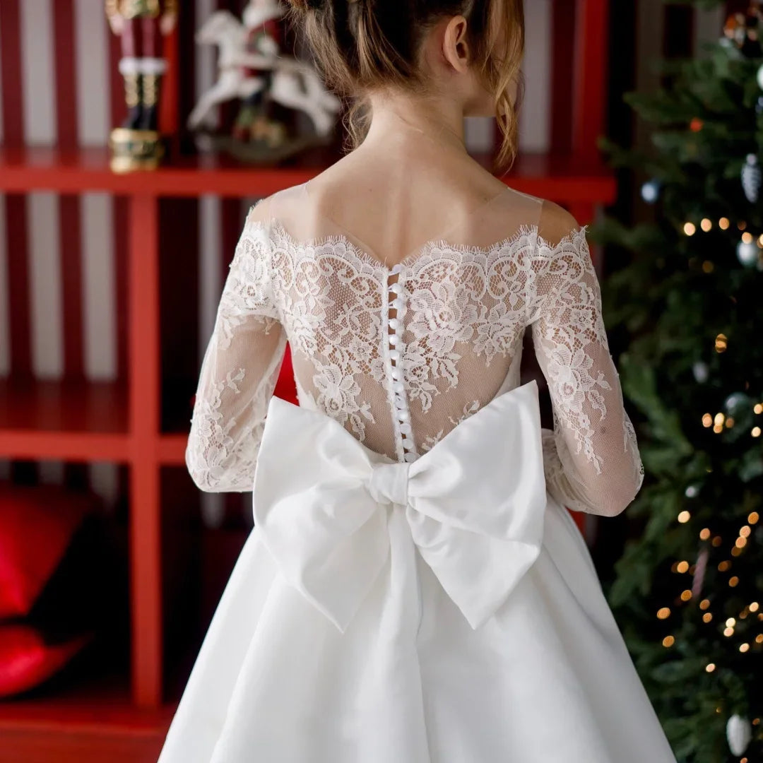 White Rose Appliques With Bow Long Sleeve For Wedding Birthday Banquet Holy Communion Gowns Customized Flower Girl Dresses