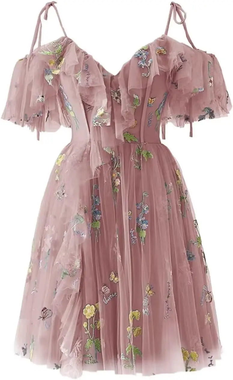Flower Embroidery Tulle Short Homecoming Dresses for Teens 2026 Mini Spaghetti Straps Formal Prom Party Gown Junior Bridesmaid