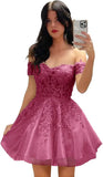 Hübsches kurzes Heimkehrkleid mit Spitzenapplikation für Teenager, glitzernder Tüll, schulterfrei, formelles Abschlussball-Cocktailkleid, Clubkleid 