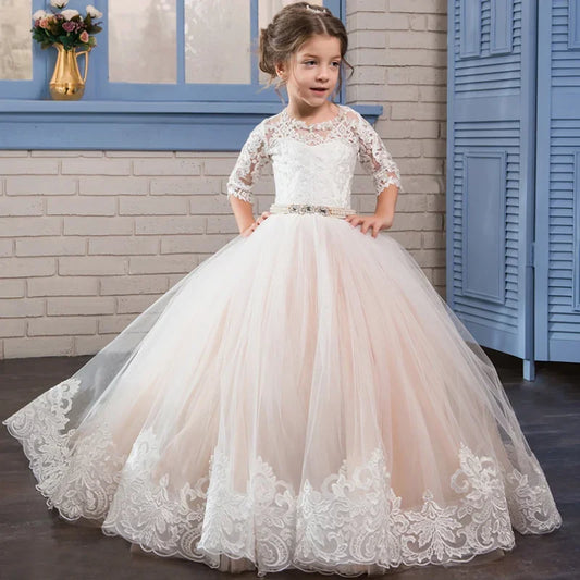 Vestidos de comunión para niñas de flores, color champán, con apliques abullonados, cinturón de joya y dobladillo de encaje, media manga para boda 