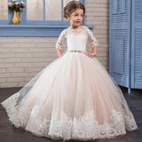 Vestidos de comunión para niñas de flores, color champán, con apliques abullonados, cinturón de joya y dobladillo de encaje, media manga para boda 