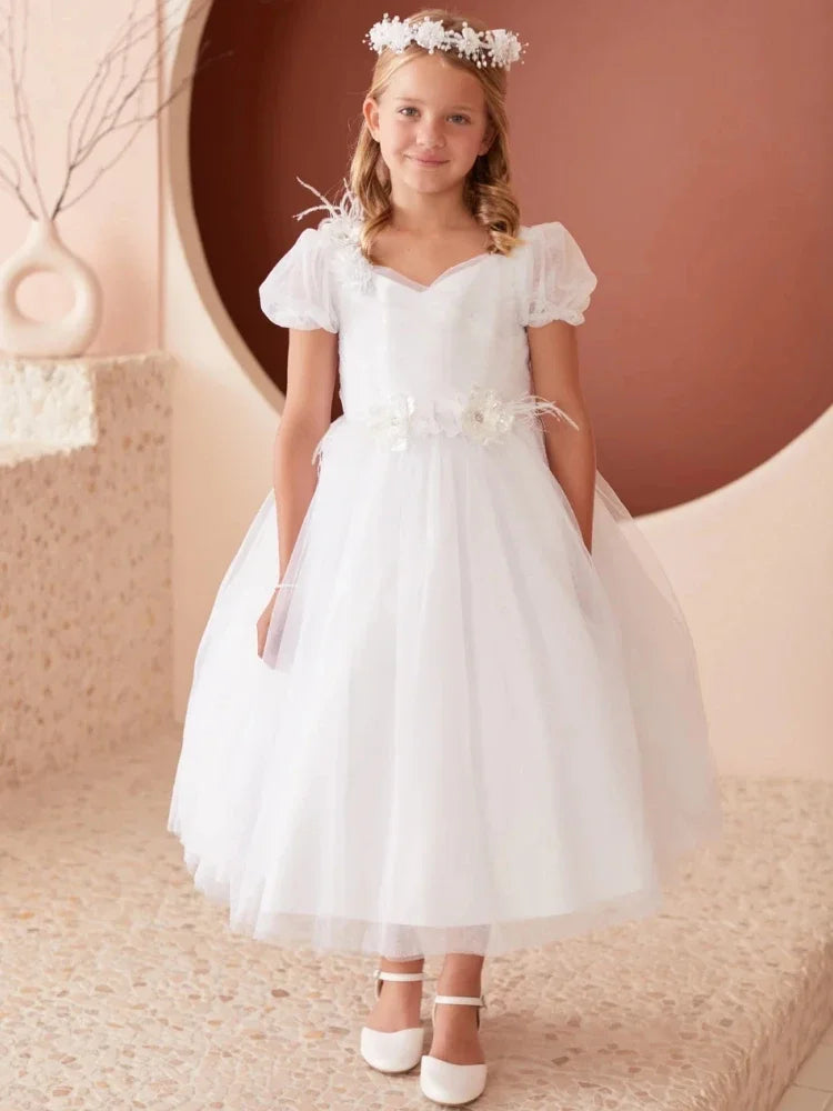 Birthday Party Holy Communion Gowns Customized Flower Girl Dresses Ivory Flowers Appliques With Bow Short Sleeve  For Wedding