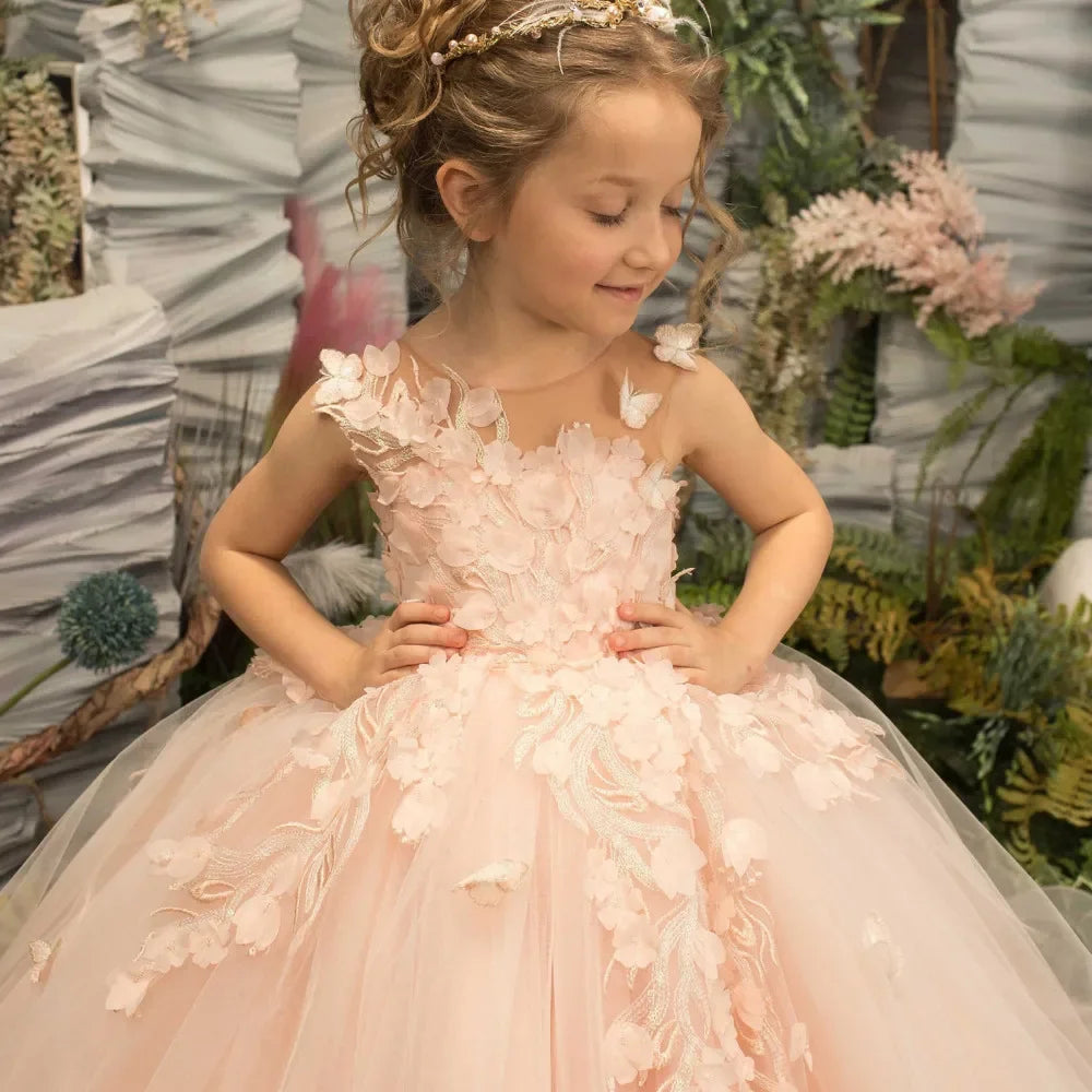 For Kids 3D Floral Butterfly Appliques Princess Communion Pageant Pink Sleeveless Flower Girl Dresses for Wedding Party Dress