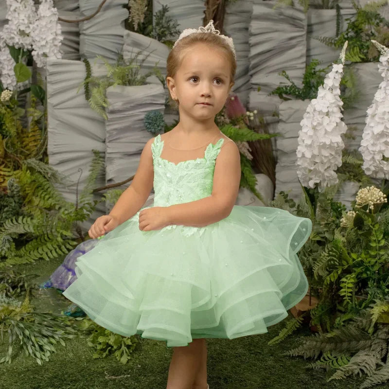 Light Pink Tulle Tiered Flory Pattern Sleeveless For Wedding Birthday Party First Communion Gowns baby Flower Girl Dresses