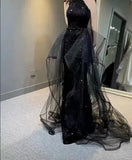 Vestidos de fiesta con lentejuelas y cuello halter, hechos a medida, con capa, 2025, de tul brillante, con abertura en forma de A, para boda, noche y fiesta. 