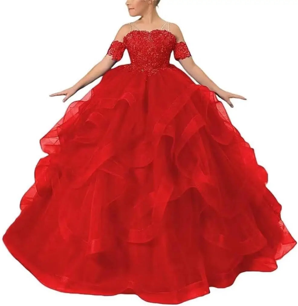 Vestidos de desfile de princesas para niñas de flores 2026 con encaje bordado, tallas grandes, tul en capas, vestidos de primera comunión para niñas. 
