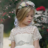 Vestido de niña de flores de encaje color marfil rústico Vestido de primera comunión Vestidos de niña Vestidos de fiesta de boda bohemios con mangas cortas 