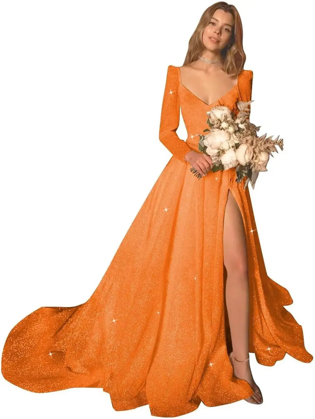 Glitter Prom Dresses Simple Long Sleeve Wedding Dresses for Bride A Line Princess Ball Gown with Slit simple wedding dress