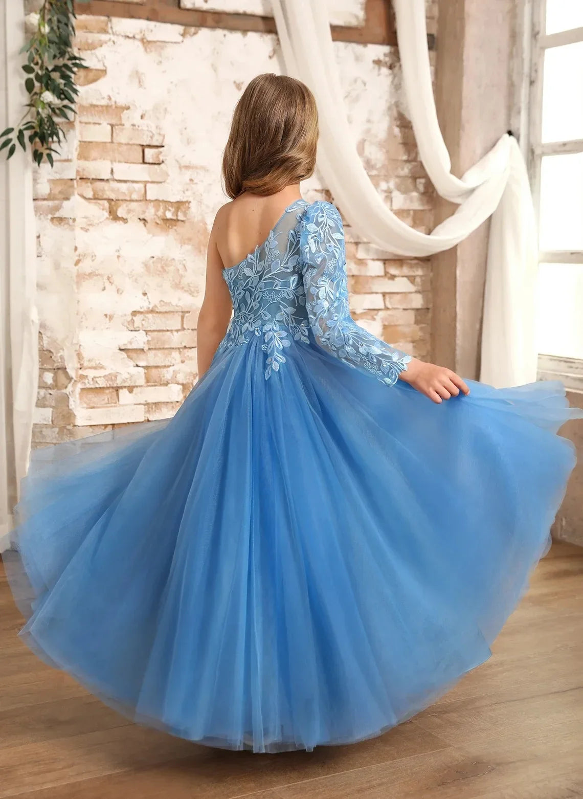 Vestidos de fiesta de cumpleaños para primera comunión infantil, vestidos de fiesta personalizados azules de un solo hombro para niña de las flores para boda princesa 