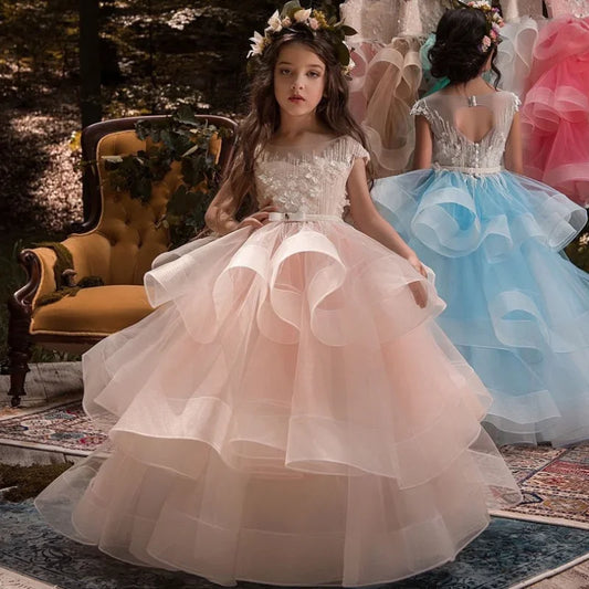 Pink Tulle Puffy Tiered White Appliques Sleeveless For Wedding Birthday Party First Communion Gowns Flower Girl Dresses