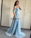 Elegantes schulterfreies Chiffon-Ballkleid für Brautjungfern mit Schlitz, lang, A-Linie, plissierte Rüschen, formelles Abendkleid für Damen 