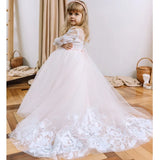 Vestidos de princesa para niña de las flores, con apliques de tul blanco y cinta rosa, manga larga para bodas, fiestas, cumpleaños y comuniones. 