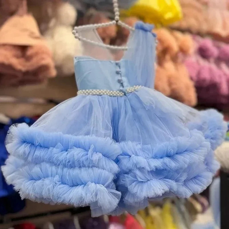 Princess Flower Girl Dress Blue Tulle Puffy Tiered Pearls Belt Sleeveless For Wedding Birthday Party Banquet Princess Gowns