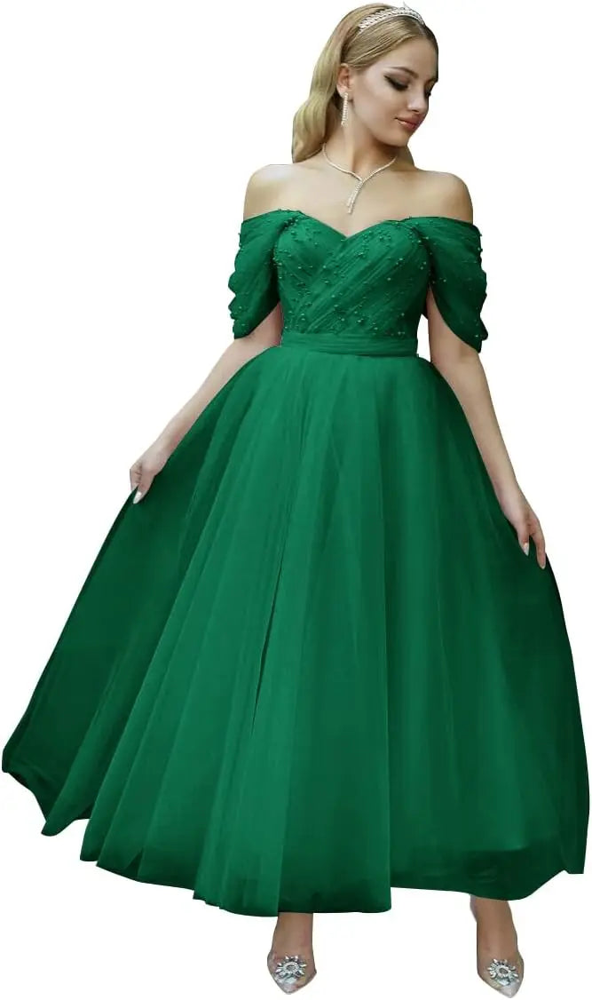 Vestido de fiesta de tul hasta la rodilla con hombros descubiertos para mujer, escote corazón, cuentas, abullonado, estilo princesa adolescente. 