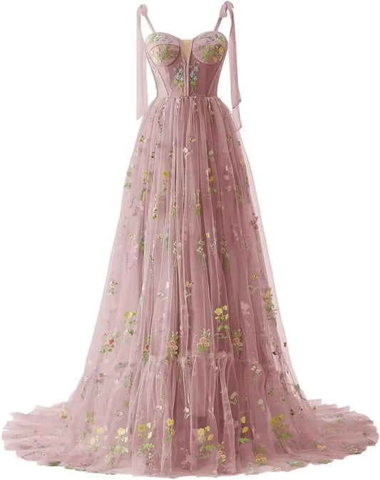 Women's Flower Embroidery Tulle Prom Dresses Corset Long Spaghetti Strap Fairy Ruched Formal Evening Party Gowns Bridesmaid Gown