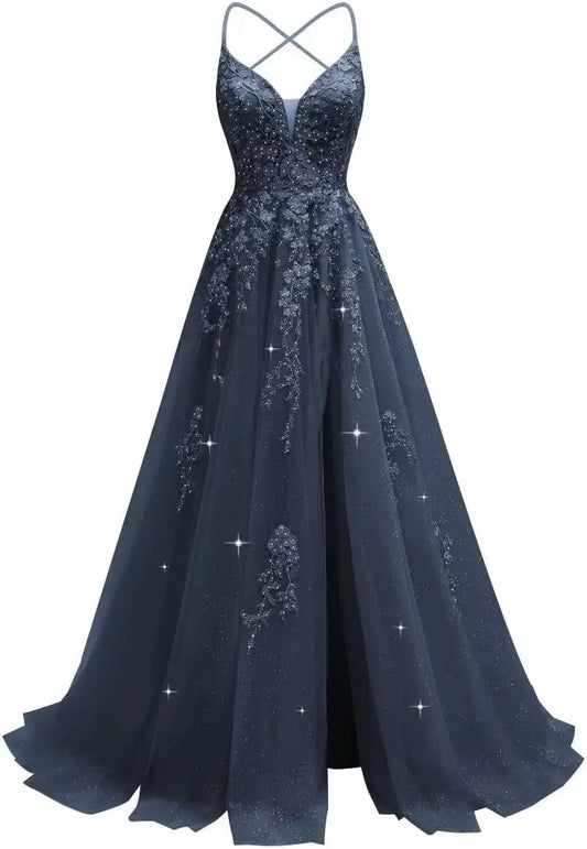 Vestido de fiesta largo con apliques de encaje de tul para mujer, vestido de noche sin espalda con corsé y tirantes finos 