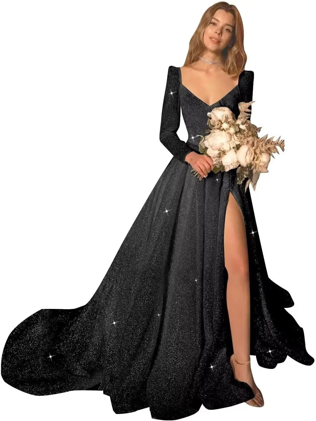 Glitter Prom Dresses Simple Long Sleeve Wedding Dresses for Bride A Line Princess Ball Gown with Slit simple wedding dress